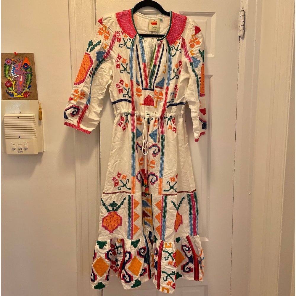 FARM Rio Multi-Colored Stiched Cinch-Waist Midi Dress
